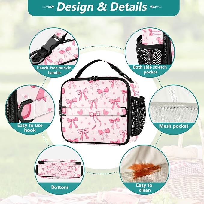 Kcldeci Cute Coquette Pink Ribbon Bow Lunch Box Kids, Large Insulated Lunch Bag for Girls, Cooler Lunchbag, Toddler Lunchbox, School Daycare Lunch Tote Pail for Boys