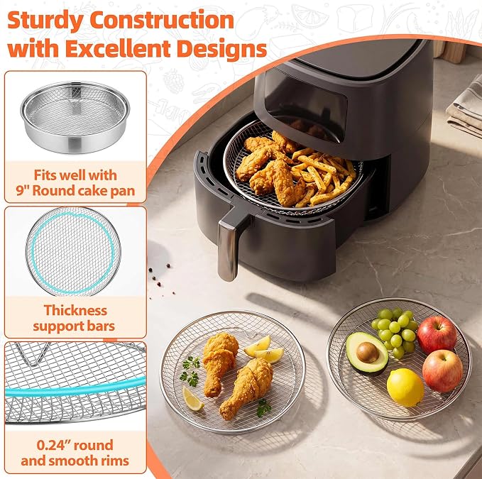 P&P CHEF 7.9 Inch Round Air Fryer Rack Basket Set, 3Pcs Stackable Stainless Steel Air Fryer Baskets Accessories for Roasting, With Anti-scalding Clip & Silicon Feet, Oven & Dishwasher Safe