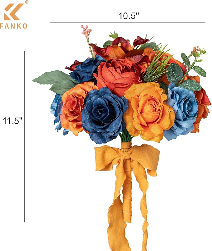 FANKO Artificial Flowers for DIY, Dusty Blue Navy Burnt Orange Faux Flowers Bouquet, Fake Rose Lily Silk Flowers for Vase, Home Decor, Celebrations, Summer Wedding, Rustic Events, Party