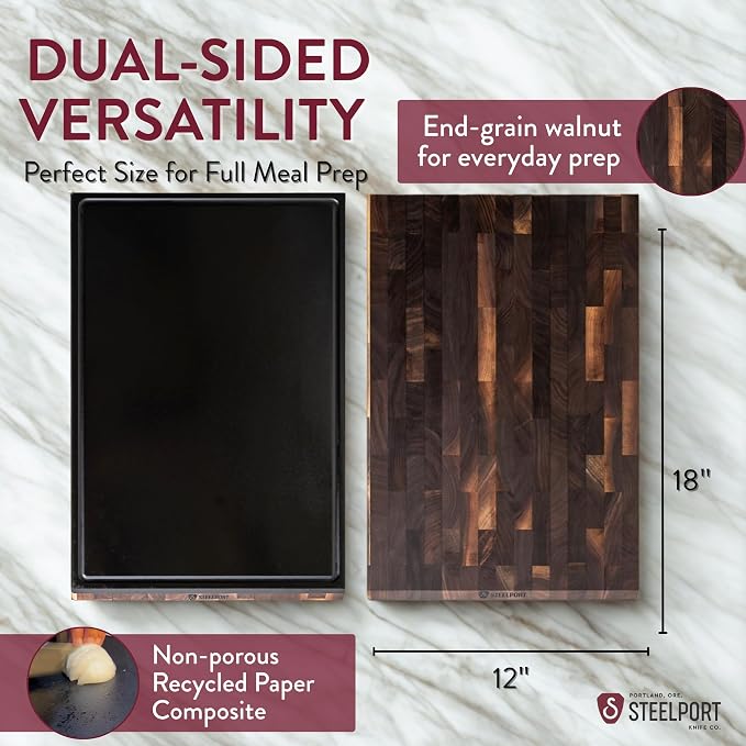 STEELPORT End-Grain Walnut Cutting Board for Kitchen 18”x12” – Steel Reinforced | Dual Sided, Composite Side With Juice Groove | Professional Butcher Block Chopping Board | Handcrafted in USA