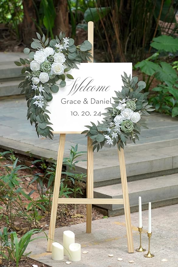 Olalaka 2-Pack Sage Green & White Wedding Flower Swag Set, Large: 35.43"L x 14.56"W, Small: 24.80"L x 12.99"W, Artificial Flowers for Wedding Arch, Ceremony, Table Centerpieces, Wall Hanging