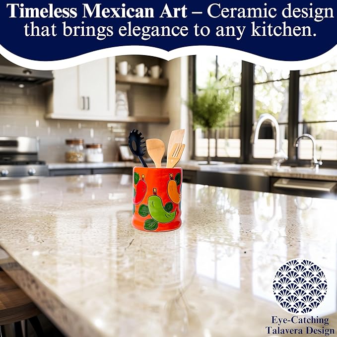 Talavera Utensil Holder - Hand Painted Ceramic Spoon Crock - Colorful Utensil Crock - Large Mexican Spoon Rest 6" H (Orange Chilies)