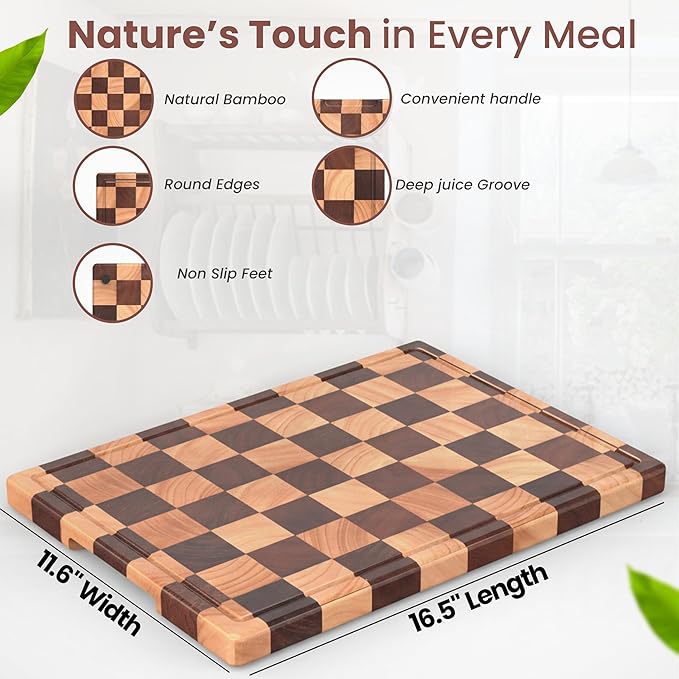 Checkered Cutting Board for Kitchen, Acacia Wood, Butcher Block Chopping Board with Juice Grooves & Handles, Large 16.5"x11.6" Serving Tray & Charcuterie Board, Gift Box Included