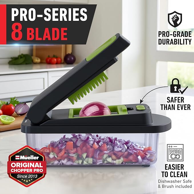 Mueller Pro-Series 10-in-1, 8 Blade Vegetable Chopper, Onion Mincer, Cutter, Dicer, Egg Slicer with Container, French Fry Cutter Potato Slicer, Home Essentials, Salad Chopper,Gray/Green