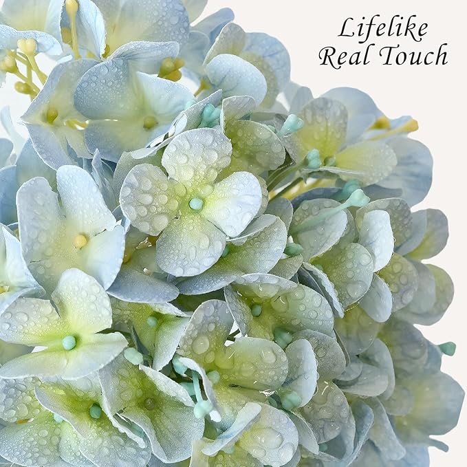 JINWOE Light Blue Hydrangea Artificial Flowers,4Pcs 20" Real Touch Lifelike Silk Artificial Hydrangeas, Full Fake Flowers for Bouquet Table Centerpieces Spring Wedding Indoor Home