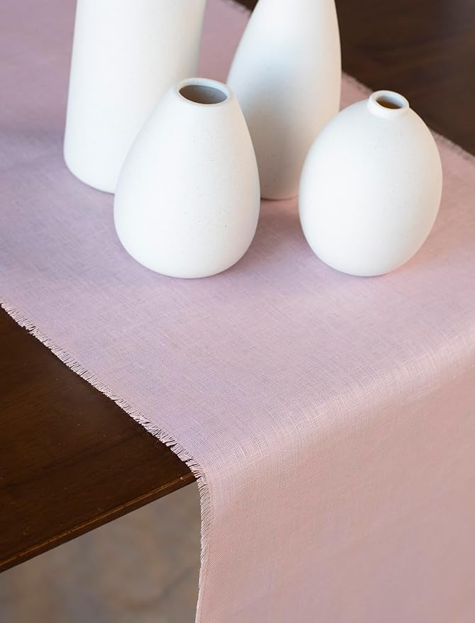 Pink Linen Table Runner with Fringe- 14x48 inches Long, 100% Pure Linen Runner for Table, Small Table Runner for Valentines Day, Spring and Summer –Thin but Luxury, Handmade