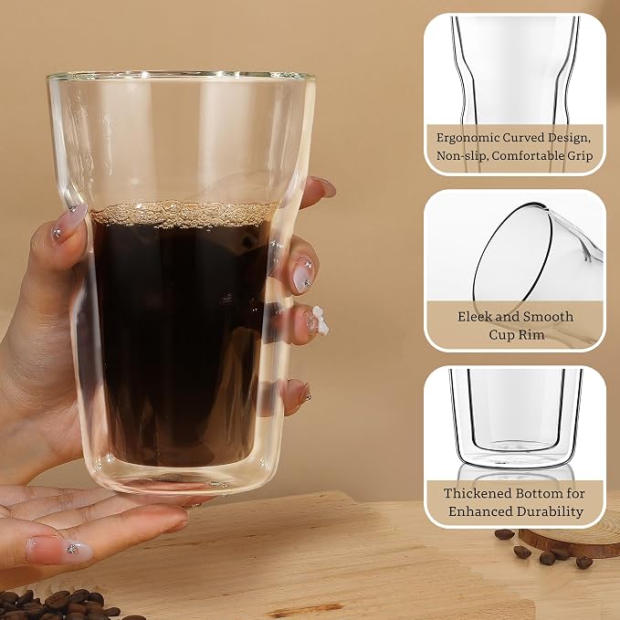 Joeyan Double Wall Glass Tumbler, 16.9oz Tall Insulated Drinking Highball Glasses, Clear Lager Borosilicate Glass Coffee Cups for Iced Coffee, Latte, Cocktails, Tea, Smoothie, Mixed Drinks, Set of 2