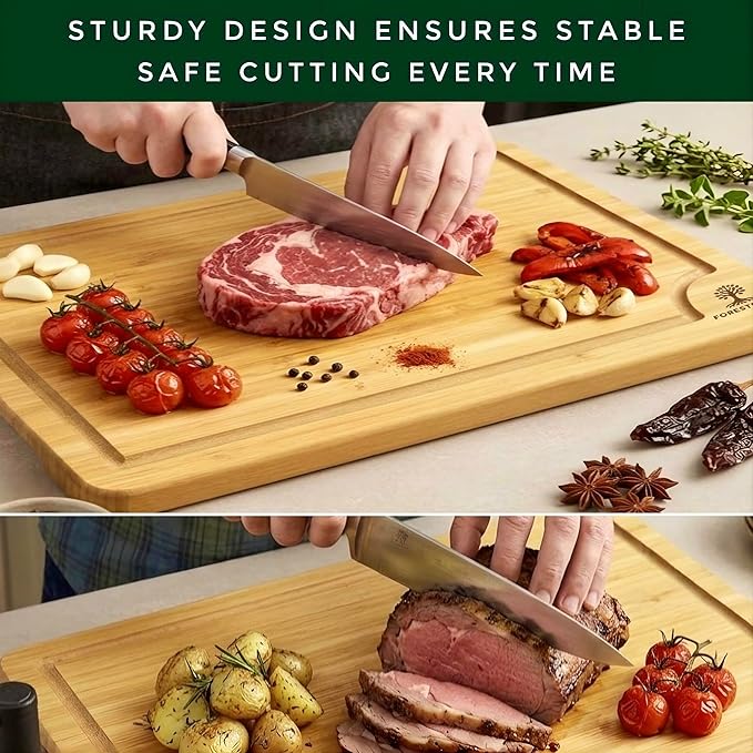 Bamboo Cutting Board Set – 3-Piece Wooden Kitchen Boards for Meal Prep & Serving – Durable Bamboo with Deep Juice Groove & Side Handles – Great for Meat, Vegetables & Charcuterie