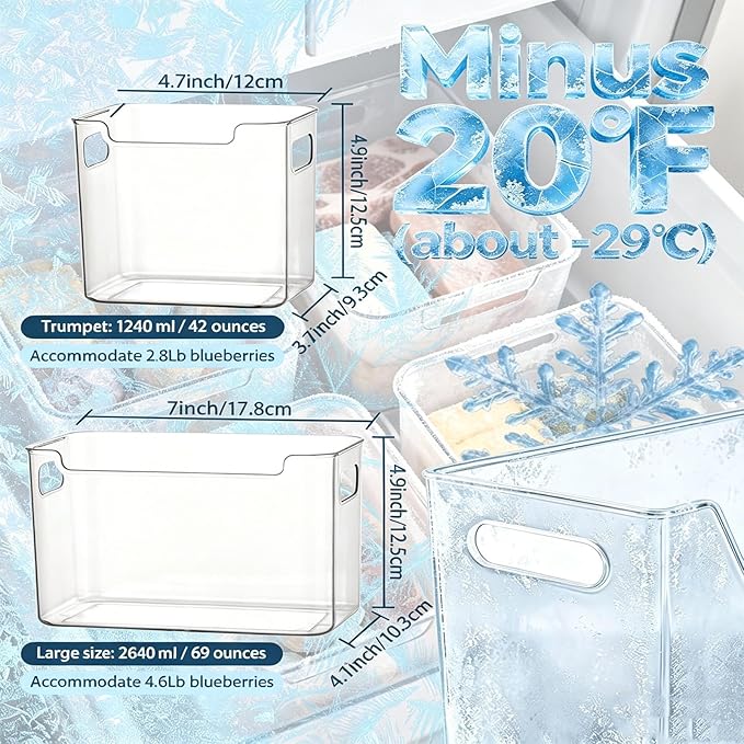 2026 New Crystal Clear Freezer Storage Bins, Clear Plastic Bins for Refrigerator & Pantry, Refrigerator Organizers, Stackable Kitchen Cabinet Organizers with Handles (Transparent white, 4L)