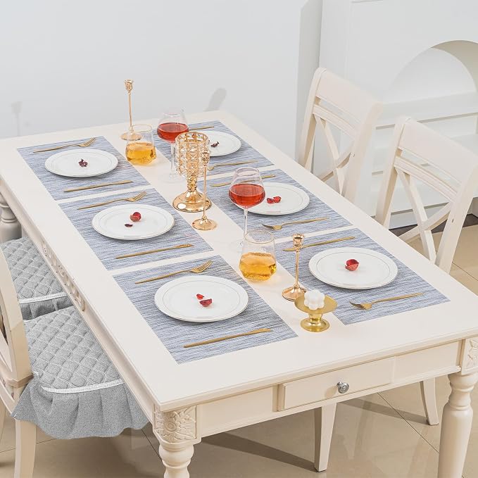 BACKTOEDEN Placemats Set of 8 Heat Resistant Washable Wipeable Placemats Woven Non-Slip Foldable Vinyl/Plastic Placemat Indoor/Outdoor Place Mats Kitchen Dining, Gray Silver Line