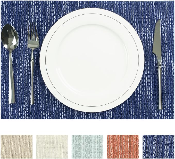 AHHFSMEI Placemats Set of 6 Washable Woven Vinyl Placemats for Dining Table Heat Resistant Non-Slip Stain Resistant Table Mats for Kitchen & Home Decor(Multi Blue,6)