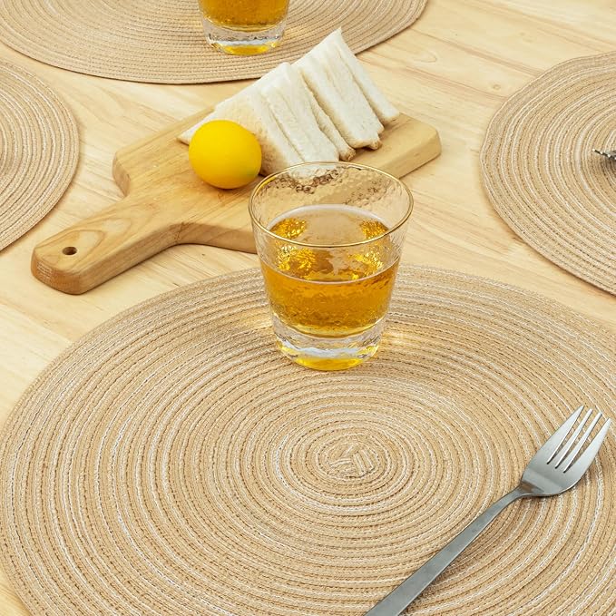 Winknowl Round Braided Placemats Set of 8 Washable Woven Heat Resistant Table Mats for Kitchen Dining Tables 15 inch Round Place Mats (Beige,8)
