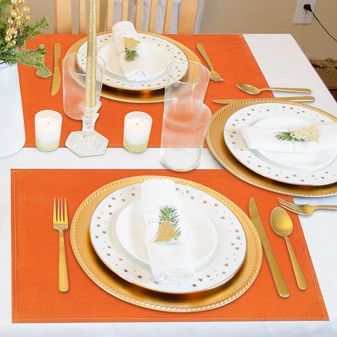 Niviy Orange Fall Placemats Set of 6, 12x18 Inch Washable Easy to Clean Heat-Resistant Anti-Skid Indoor Outdoor Table Mats for Holiday Party Kitchen Dining Room Decoration