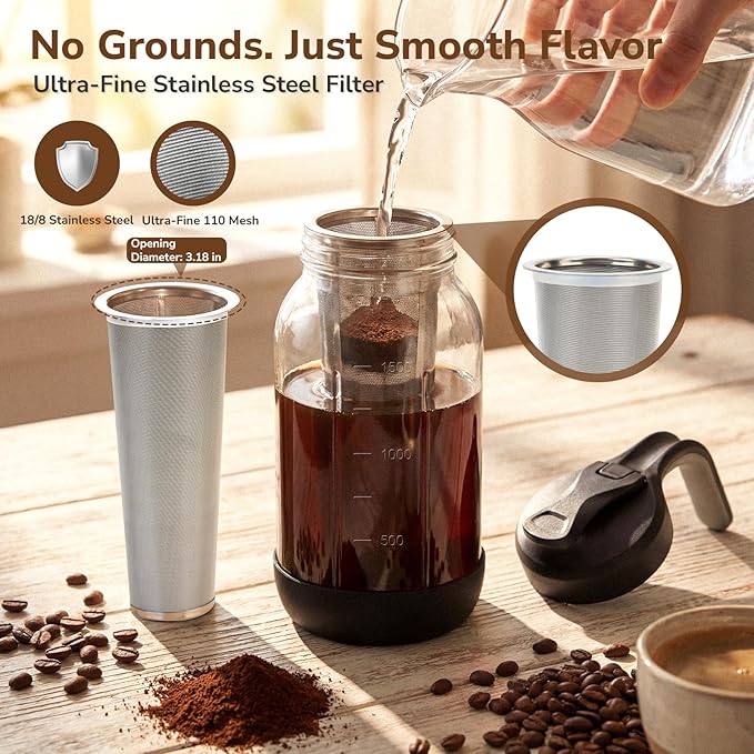 64 oz Cold Brew Coffee Maker with Stainless Steel Filter, 2 Quart Glass Mason Jar Pitcher with Pour Spout Lid, Iced Coffee Maker for Fridge, Wide Mouth, Leak-Resistant, Non-Slip Silicone Base