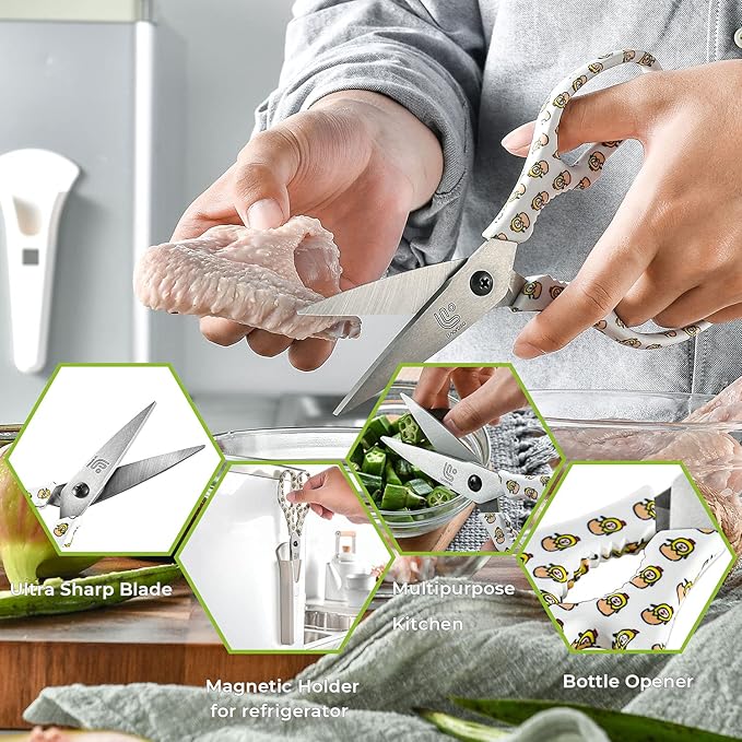 Linoroso Kitchen Scissors Heavy Duty Kitchen Shears with Magnetic Holder Made with Japanese Steel 4034, Multipurpose Ultra Sharp Cooking Scissors for Meat/Vegetables/BBQ/Herbs/Pizza (Graphic,Chick)