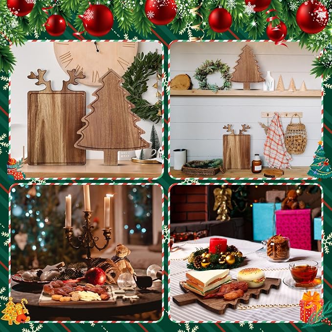 Umigy 2 Pcs Christmas Charcuterie Boards Christmas Tree Wooden Cutting Board with Handle Antler Acacia Wood Cute Cutting Board for Cheese Fruit Bread Salad Vegetables Snack Dessert (Rectangular Elk)