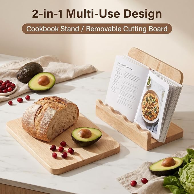 2-in-1 Wooden Cookbook Stand & Cutting Board, Maple Kitchen Decor | Type: Cookbook Stand + Removable Cutting Board | Material: Solid Maple Wood | Design: Scalloped Edge, Artistic Flair |