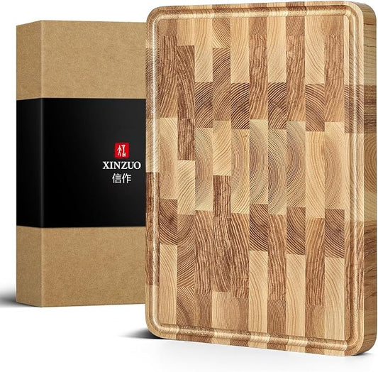XINZUO Ash Wood Cutting Board, End Grain Butcher Block for Kitchen, 13.8" x 9.8" x 1", Thick Wooden Chopping Board with Juice Groove, Non-Slip Feet & Side Handles