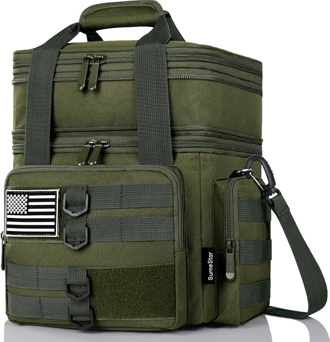 Tactical Lunch Box for Men, Large Insulated Lunch Bag for Adult, Heavy Duty Double Deck Expandable Lunch Cooler Bag with American Flag, Leakproof Soft Lunch Pail for Work Office Camping - Green
