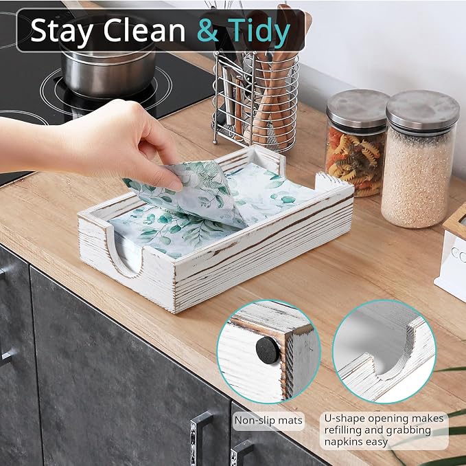 Napkin Holder for Bathroom, White Washed Wood Guest Towel Holder Tray for Bathroom, Disposable Paper Hand Towel Holder for Bathroom Accessories, Dinner Napkin Holder for Kitchen Table Party