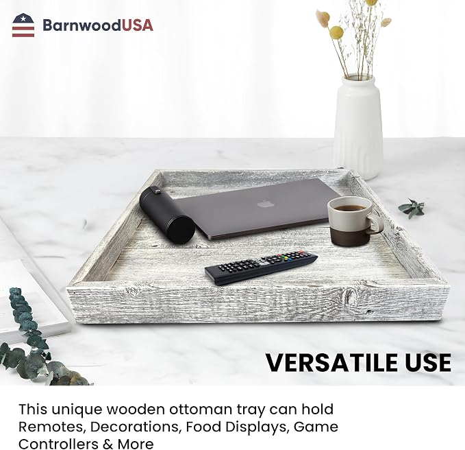 Wooden Ottoman Tray with Felt Pad – Decorative Couch Serving Tray Made with Real Rustic Reclaimed Wood - Perfect for Living Room Ottomans, Sofas, & Coffee Tables -18" x 18"- White Wash