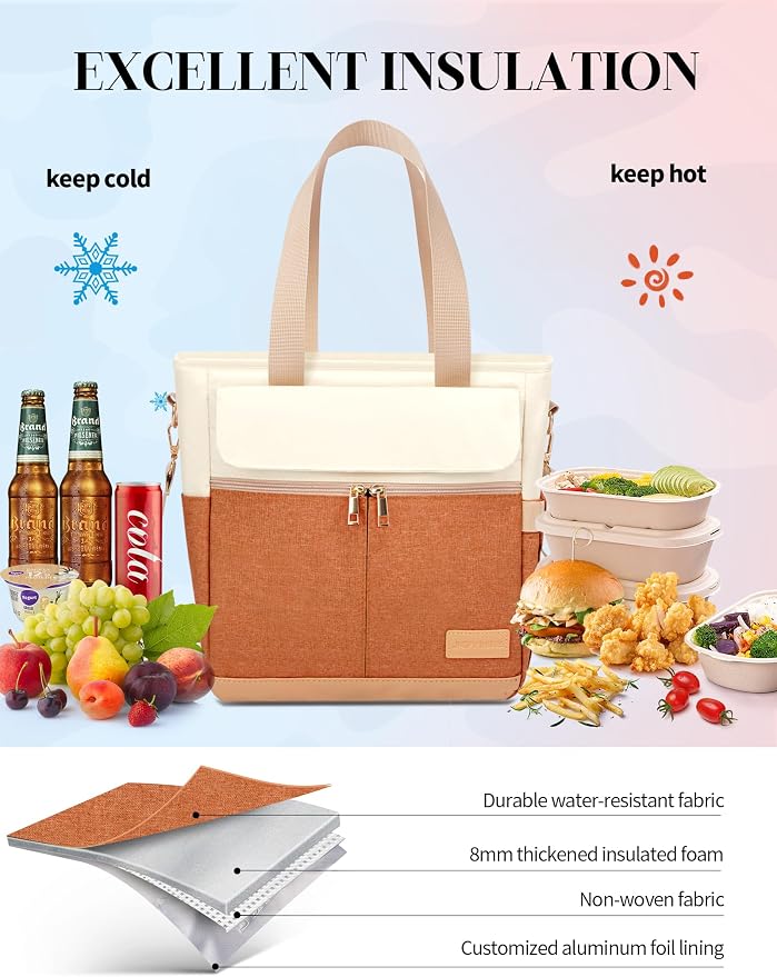 JOYHILL Lunch Bag for Women, Lunch Tote Leakproof Insulated Lunch Box with Shoulder Strap, Adult Reusable Lunch Cooler Tote Bags for Work Picnic Camping Beach (ORANGE)