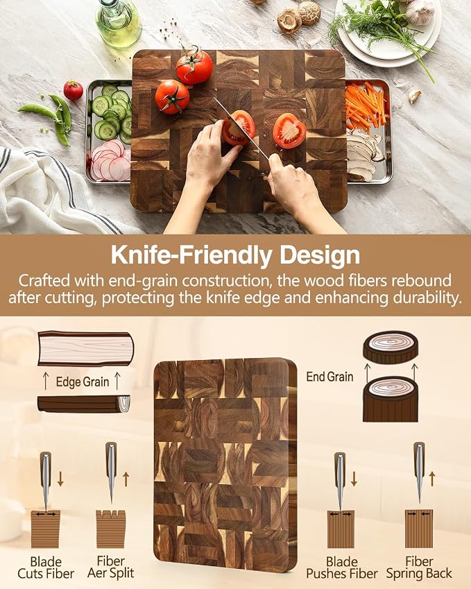 XINZUO Large Thick End Grain Acacia Wood Cutting Board -(16‘’L x 12''W x 1.6''T)-Dark Wood Cutting Board,Reversible Wooden Chopping Board with Non-Slip Feet-Catches Food and Waste-Giftbox