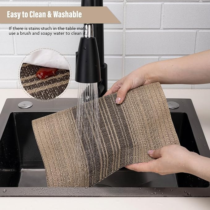 Winknowl Placemats, Set of 4 Heat Resistant Stain Resistant Woven Vinyl Insulation Place mats, Durable Washable Elegant Table Mats for Dining (Brown)