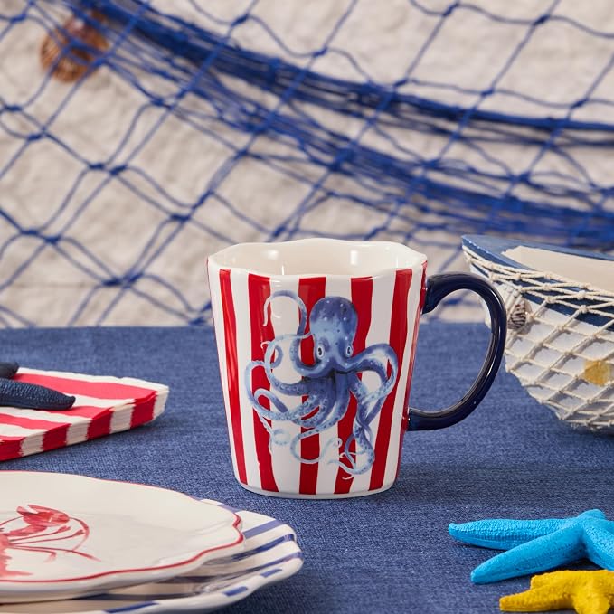 Bico Ocean Wonders Scalloped Ceramic Mug Set of 4, Christmas Coffee Mugs, 15oz Holiday Cups for Tea, Cocoa, or Hot Drinks, Microwave & Dishwasher Safe