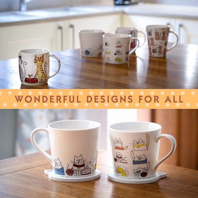 SPOTTED DOG GIFT COMPANY Cat Mugs, 13 oz Coffee Mug Set of 4, Funny Cartoon Cats Themed Ceramic Tea Cups, Microwave & Dishwasher Safe, Cute Cat Gifts for Women and Animal Lovers