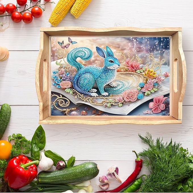 DIY Diamond Serving Tray Diamond Art Painting Creative Design Handmade Wooden Tray Dinner Plate for Coffee Breakfast Home Organizer-Blue Rabbit