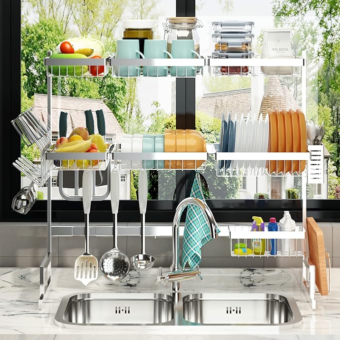 PUSDON Over Sink Dish Drying Rack Stainless Steel, Adjustable Large Dish Drainer for Storage Kitchen Organization Silver 3 Tier - Standard(34"-46")