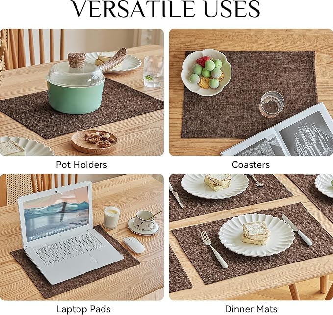 Softalker Faux Linen Placemats Set of 8-12 x 18 Inch, Heat Resistant Double Layered Durable Burlap Farmhouse Place Mats, Non-Slip Washable Rustic Table Mats for Dining, Kitchen, Party（Dark Brown