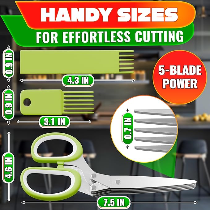 Herb Scissors with 5 Blades and Cover – Stainless Steel Herb Cutter with Ergonomic Handle and Cleaning Brush, Dishwasher Safe Design – 5x Faster Cutting of Cilantro, Parsley, Green Onion & Fresh Herbs