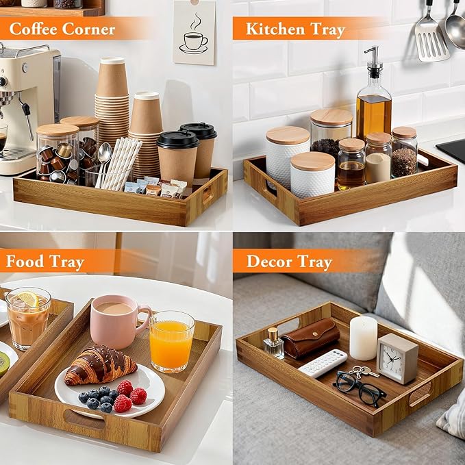 Serving Trays - 2 Pack, Acacia Wood Serving Platters with Ergonomic Handles, Versatile Rustic Decorative Trays for Breakfast, Brunch, Dinner, Coffee Table, Party, Kitchen-L