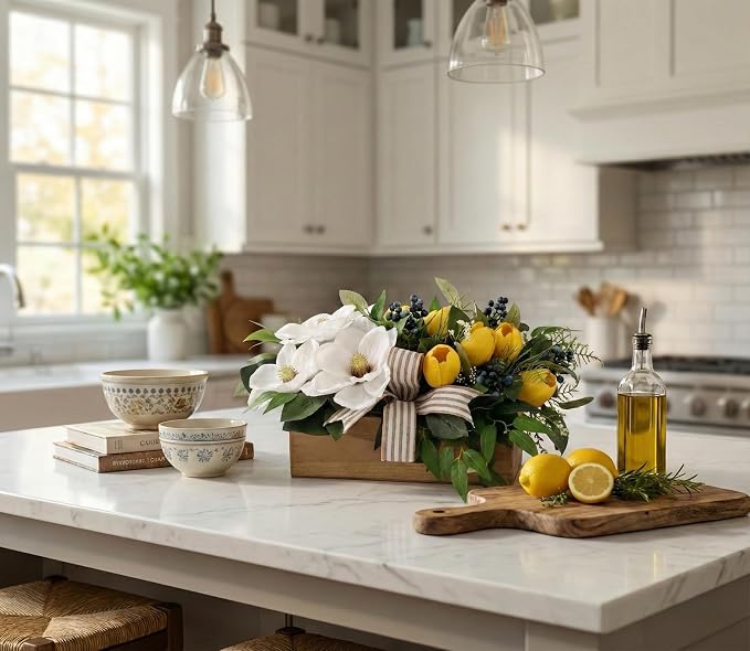 Spring Flowers Centerpiece for Table Decor, 20" L Lifelike Artificial Magnolia Tulip in Rectangular Wood Box, Lush Spring Eater Faux Floral Arrangement Farmhouse Mantel Shelf Kitchen Island Decor