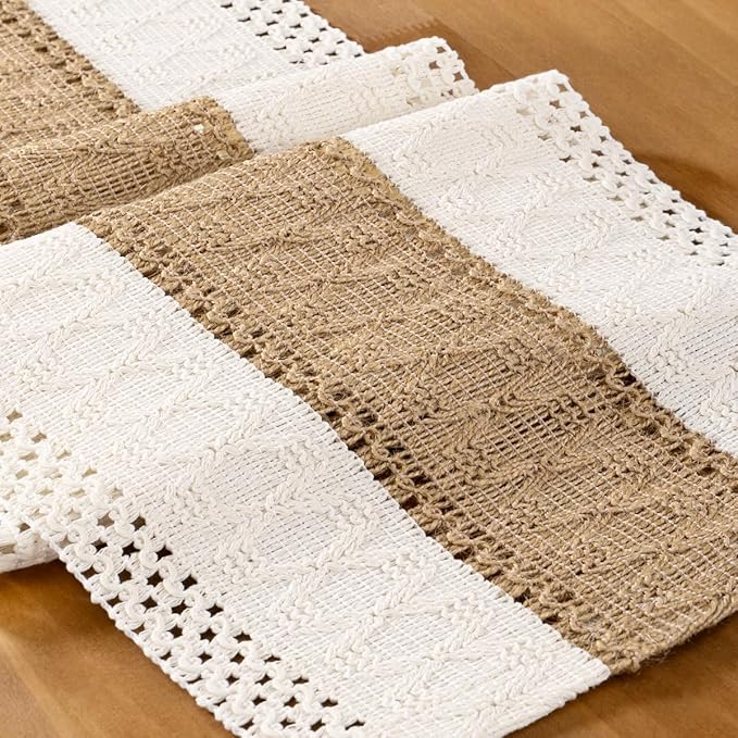 MLMC Ivory & Burlap Boho Table Runner Farmhouse Cotton Burlap Woven Table Runner 90 inch Long Rustic Seasonal Table Decor for Dinning Kitchen Wedding Bridal Shower Eveyrday Use 12x90 Inch
