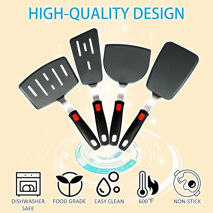 Silicone Spatula Turner,4-Pack Spatulas Silicone Set for Nonstick Cookware, Dishwasher Safe 600°F Heat Resistant Kitchen Turner Spatula Home Kitchen Cooking Eggs, Pancake, Fish, Stir Fries