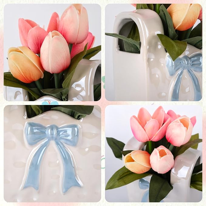 Spring Decor, Artificial Tulips in Ceramic Vase Spring Easter Table Centerpiece for Home Indoor Table Shelf Mantel Living Room Bathroom Bedroom Dining Coffee Bar Kitchen Decoration