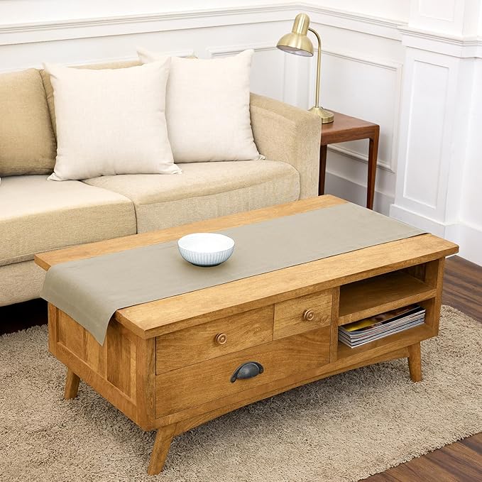 Solino Home Linen Table Runner 48 Inches - 100% Pure Linen Vintage Khaki Table Runner 14 x 48 Inch Ideal for Dresser and Coffee Tables, Spring, Summer - Fete