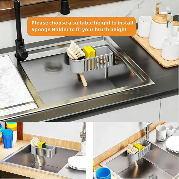 SuoXing Inside Sink Sponge Holder,Grey Rustproof Sink Caddy and Scrub Holder for Kitchen Sink with Suction Cup,Adhesive,Plastic Dish Sink Organizer for Scrub Brush,Scrubber,Dish Sponge,Spinge Holder