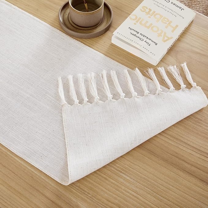 Linen Style Rustic Table Runner, Farmhouse Cotton Linen Table Runner, Boho Table Runners 72 Inches Long with Hand Tassels for Home Tabletop Decor and Everyday Use - Off White, 72 Inch
