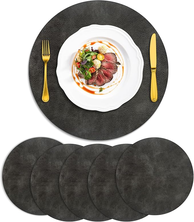 ADRIMER Placemats, Heat Resistant Round Placemats Set of 6 Washable, Waterproof Table Mats, Wipeable Faux Leather Place Mats for Kitchen, Dining Room, Dark Grey