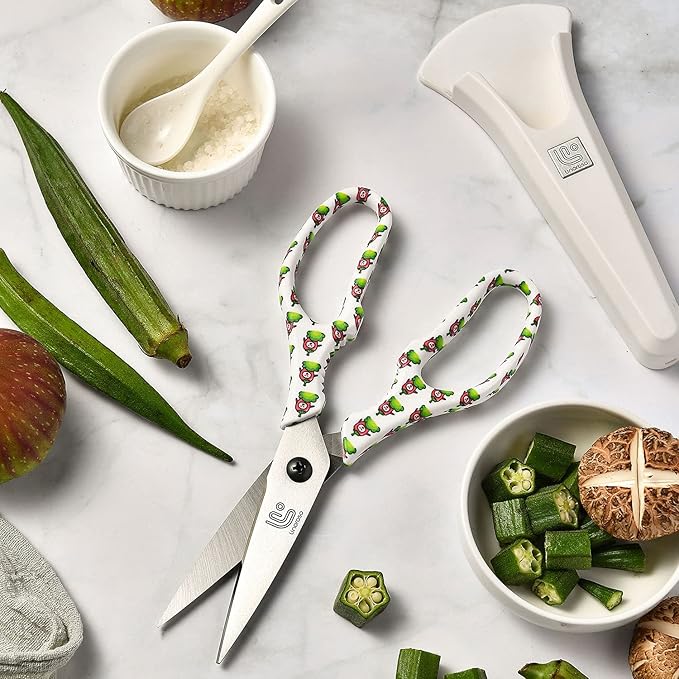Linoroso Kitchen Scissors Heavy Duty Kitchen Shears with Magnetic Holder Made with Japanese Steel 4034, Multipurpose Ultra Sharp Cooking Scissors for Meat/Vegetables/BBQ/Herbs/Pizza (Graphic,Chili)