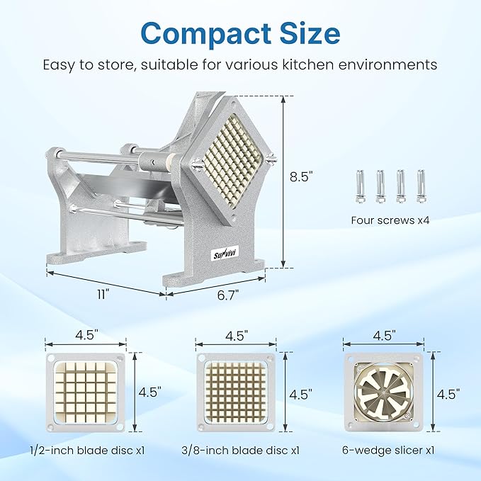 Commercial French Fry Cutter with 1/2 Inch & 3/8 Inch Blade and 6-wedge Slicer, Heavy Duty Potato Slicer, Stainless Steel Potatoes Cutter for Potatoes, Carrots, Cucumber, Onion, Yam