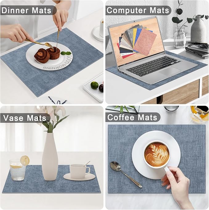 Homaxy Faux Leather Heat Resistant Placemats for Dining Table Set of 6, Waterproof Wipeable Washable PU Table Mats, Easy to Clean Anti-Slip Place Mats, 11.8" x 17", Blue