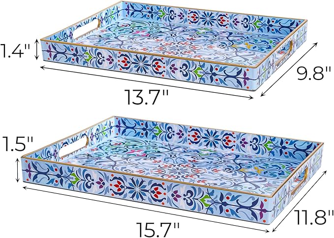 Hiceeden Set of 2 Boho Floral Serving Tray with Handles, 15.7" x 11.8" Decorative Plastic Ottoman Tray, Modern Large Coffee Table Server for Living Room, Bathroom, Kitchen, Rectangle, Blue