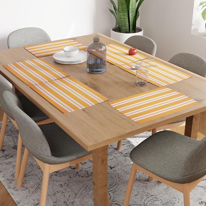 Encasa XO Dining Placemat Set of 6 | Franca Yellow Stripes Color | Fine Ribbed Cotton Table mat | Size 18x13 in | Machine Washable