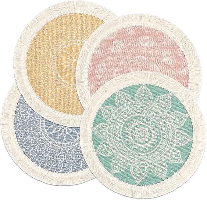 LOMOHOO Set of 4 Round Placemats 13 Inch Table Mats Boho Cotton Woven Mandala Tassels Heat Proof Washable Circle Place Mat for Kitchen Dining Wedding Farmhouse Home Decoration Colorful-4pcs