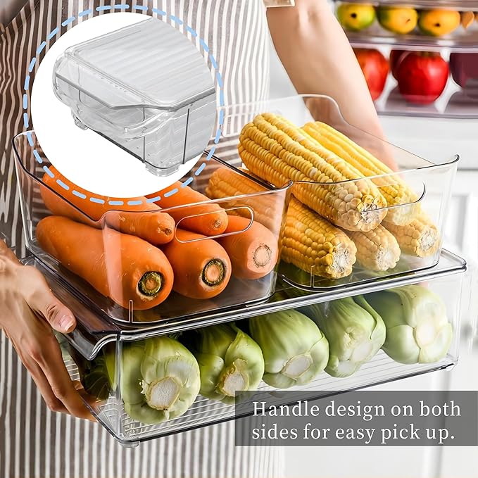 Zerodis Fridge Storage Container, Stackable Refrigerator Bins with Lids Clear Fridge Organizer Case for Food Drinks Vegetable